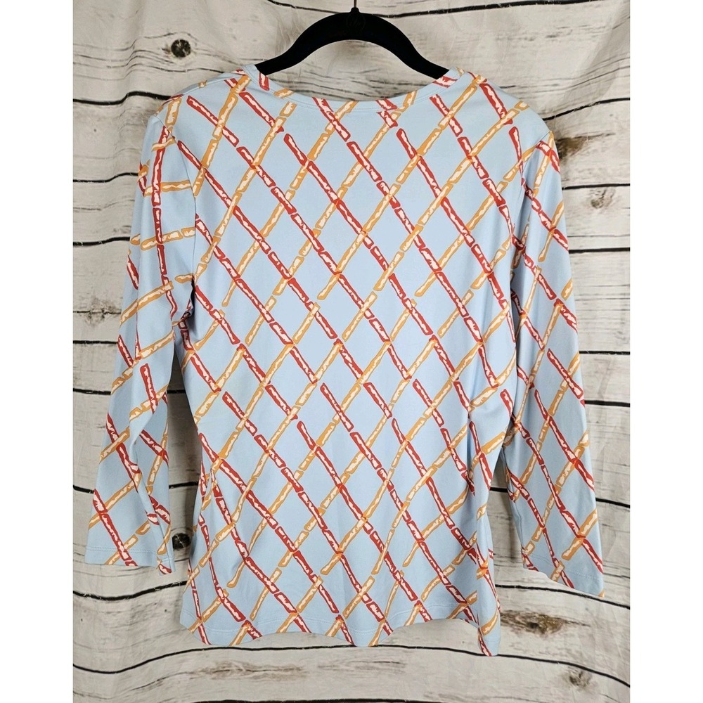 J McLaughlin Bamboo Print Catalina Cloth Top M Blue 3/4 Sleeves Nylon - Picture 4 of 6